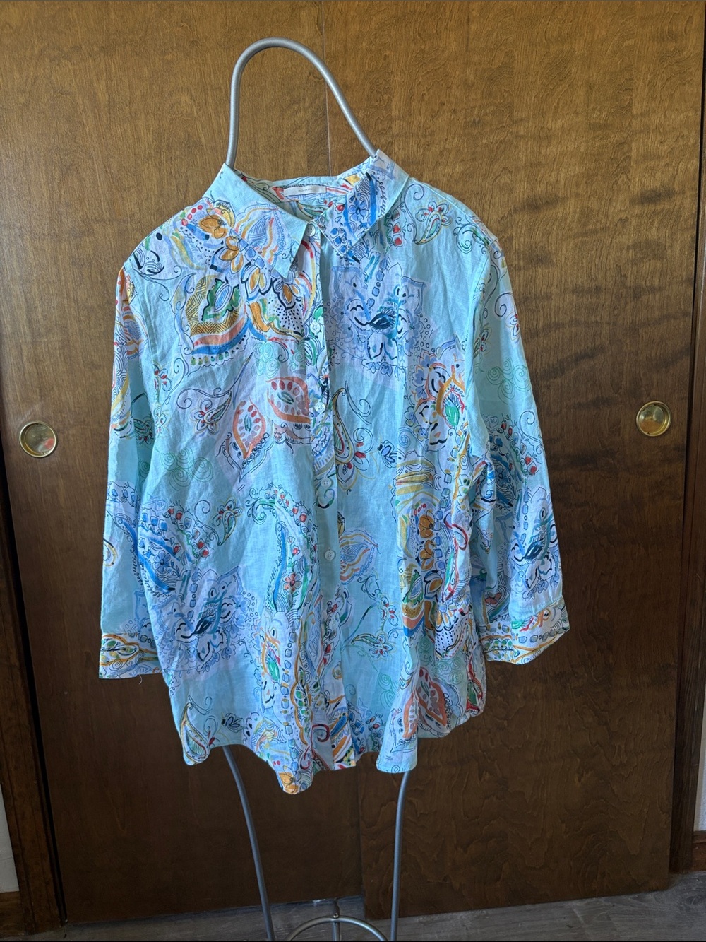 Chico's Light Blue Paisley Button-Down Blouse with Multicolor Accents